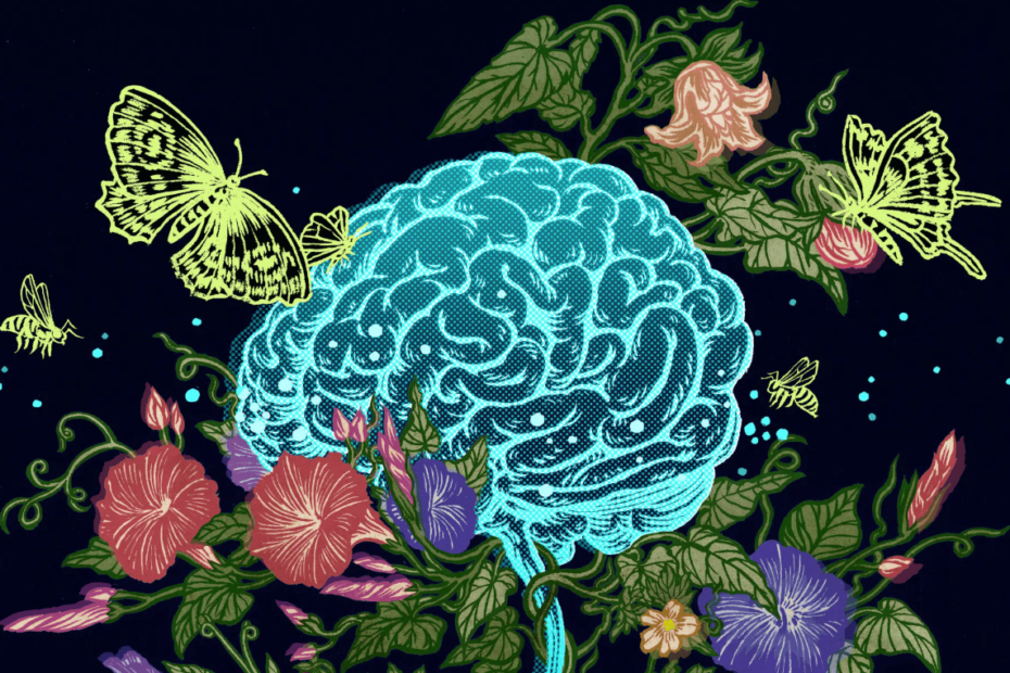 Image of human brain growing among flowering plants.