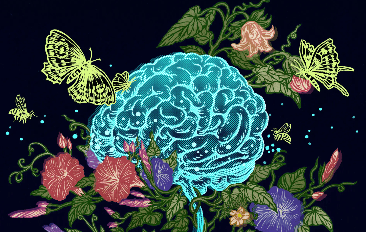 Image of human brain growing among flowering plants.
